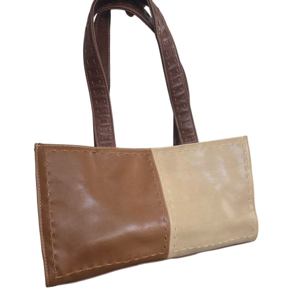 Vintage 90s Y2K Brown Cream Color Block Faux Leather East West Shoulder Bag Boho